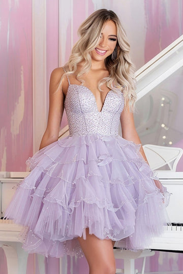 Sparkly Lilac Tulle Tiered Short Homecoming Dress with Ruffles